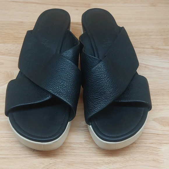 Ecco Touch Plateau Black Leather Platform Slide Cross Strap Sandals 7 - Picture 4 of 9